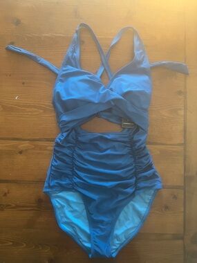 Ruched Blue Cross-Back One-Piece Swimsuit